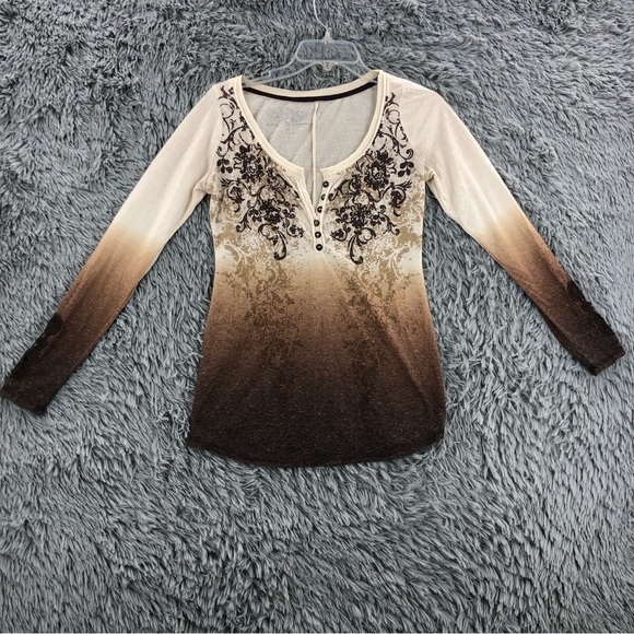 Maurices Shirt Womens Medium Ombré Embellished Lace Long Sleeve Henley Top - Picture 1 of 10
